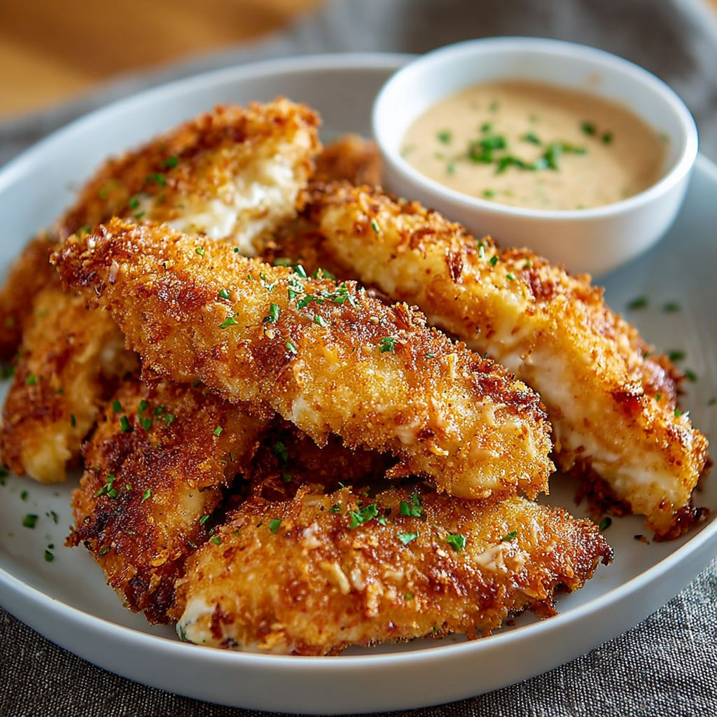 A plate of chicken tenders with a dipping sauce.