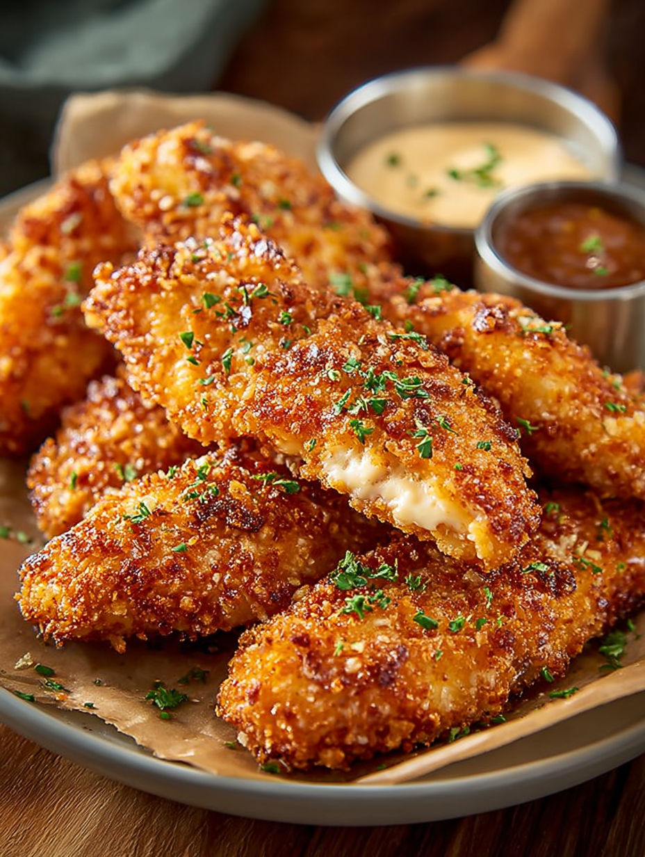 A plate of chicken tenders with sauce.