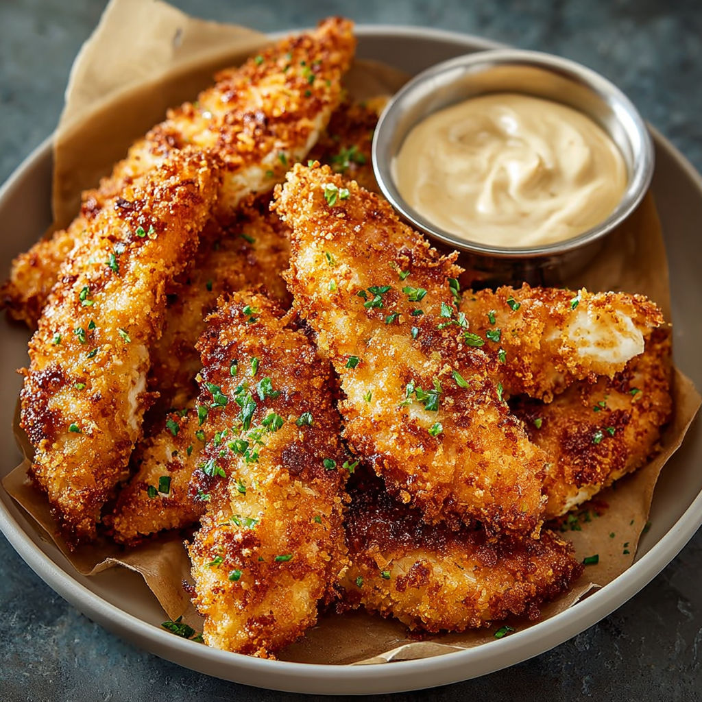 A bowl of chicken tenders with a dipping sauce.