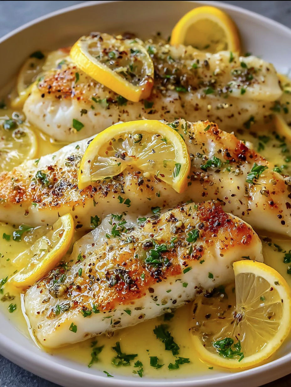 Lemon butter fish with lemon slices on top.