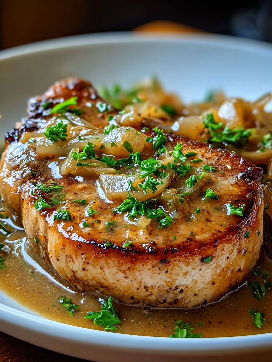 A plate of smothered boneless pork chops.