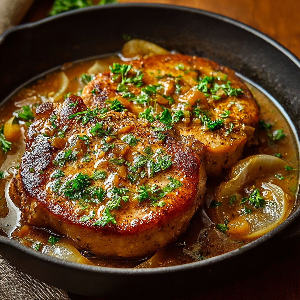 A pan of smothered boneless pork chops.