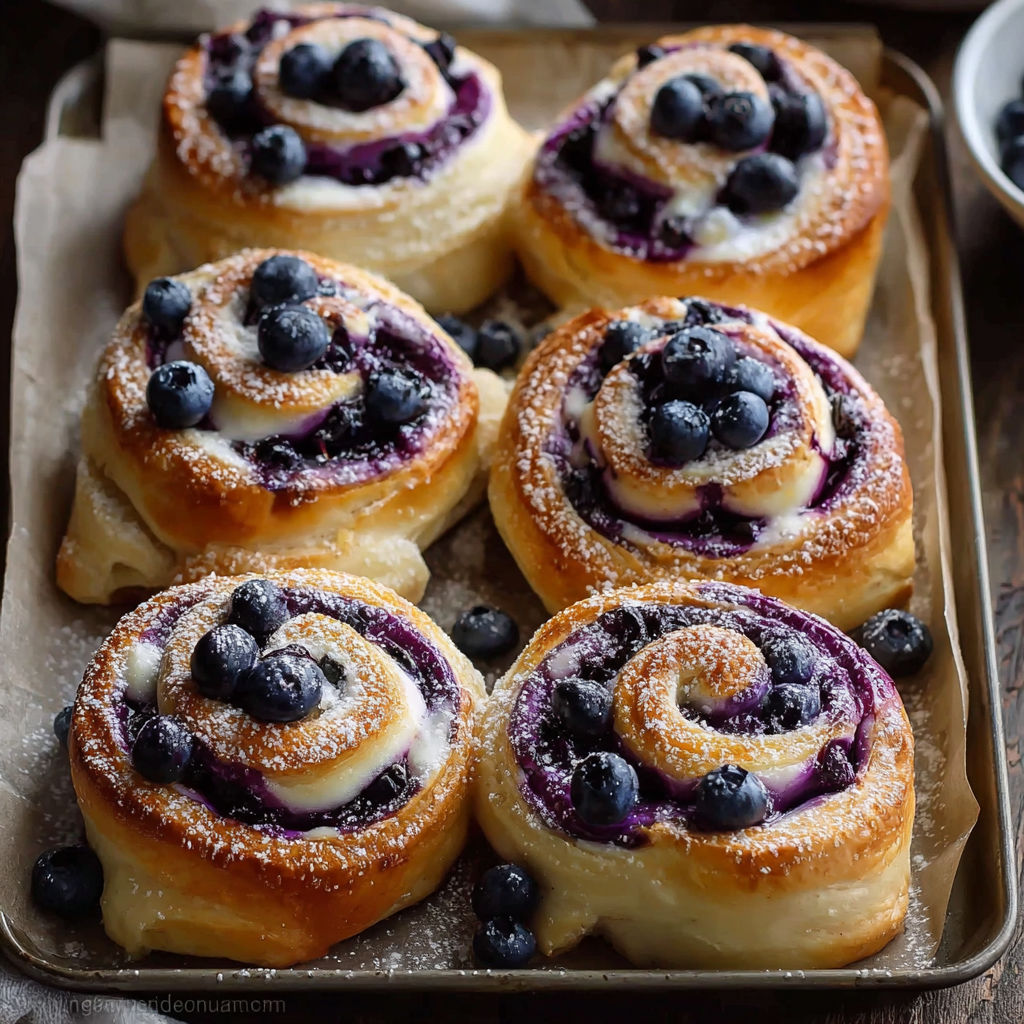 Blueberry cheesecake rolls on a tray.