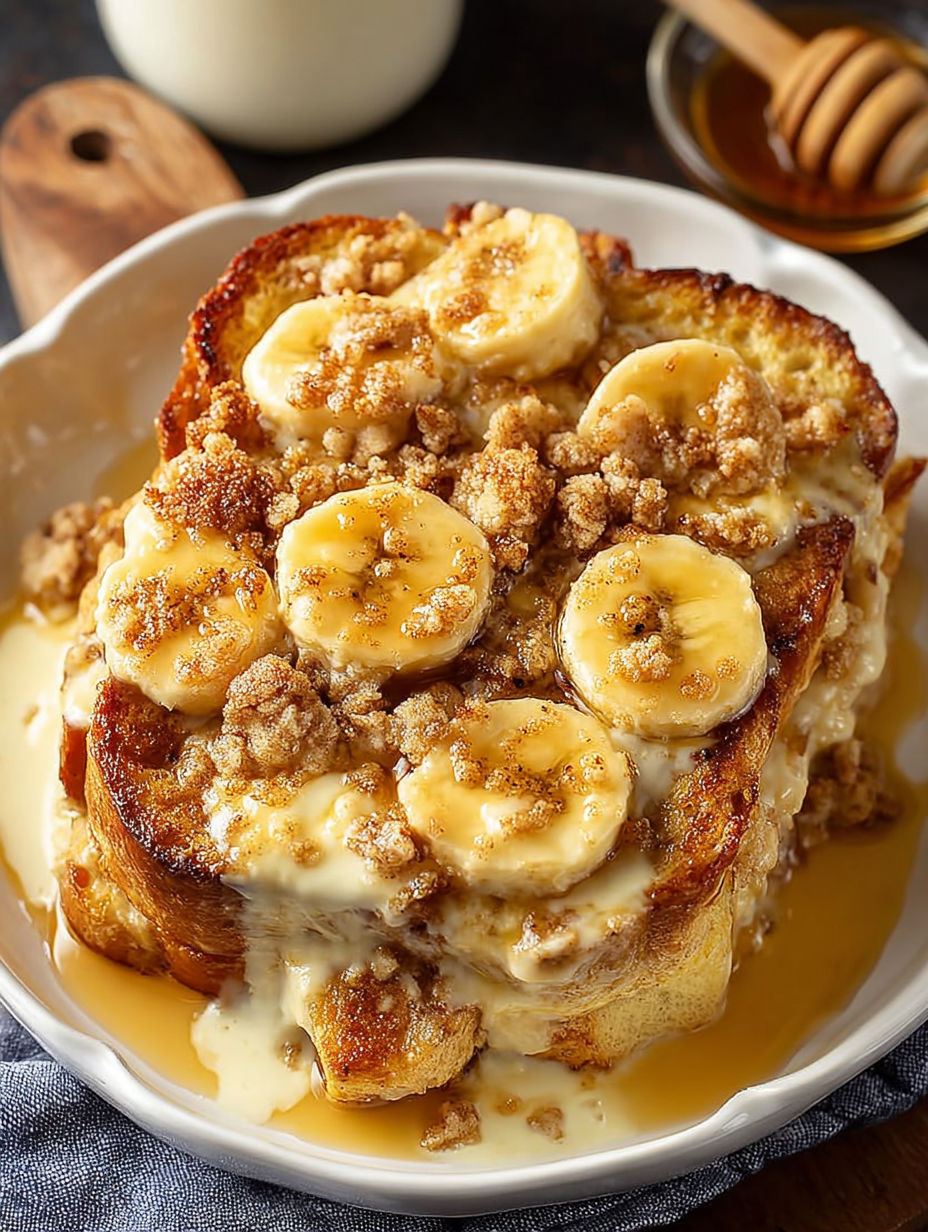 A delicious looking banana toast with bananas on top.