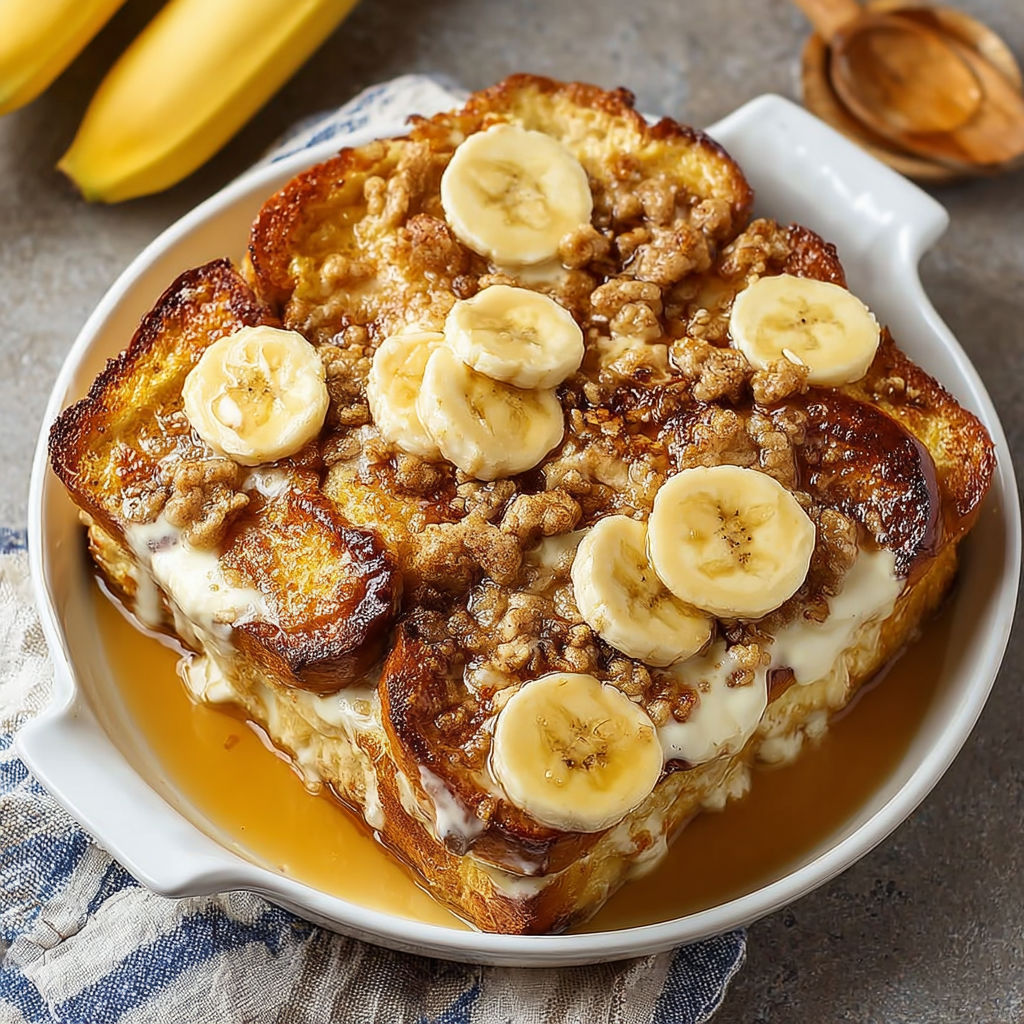 A bowl of banana bread with bananas on top.