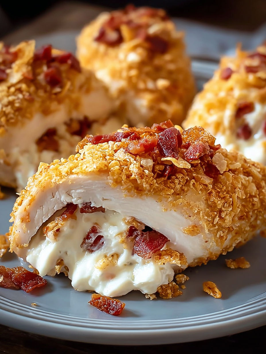 A plate of bacon wrapped chicken with cream cheese and bacon.
