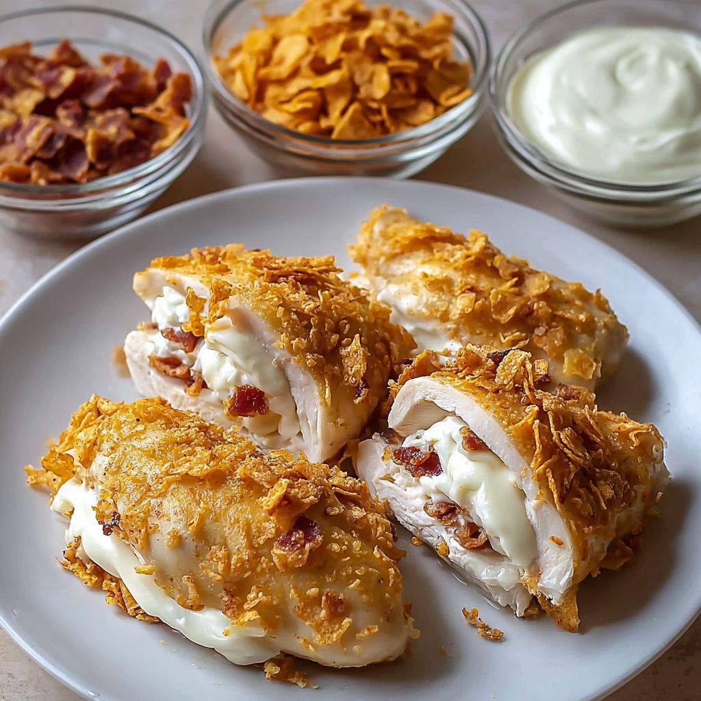 A plate of food with bacon, chicken, and Doritos.