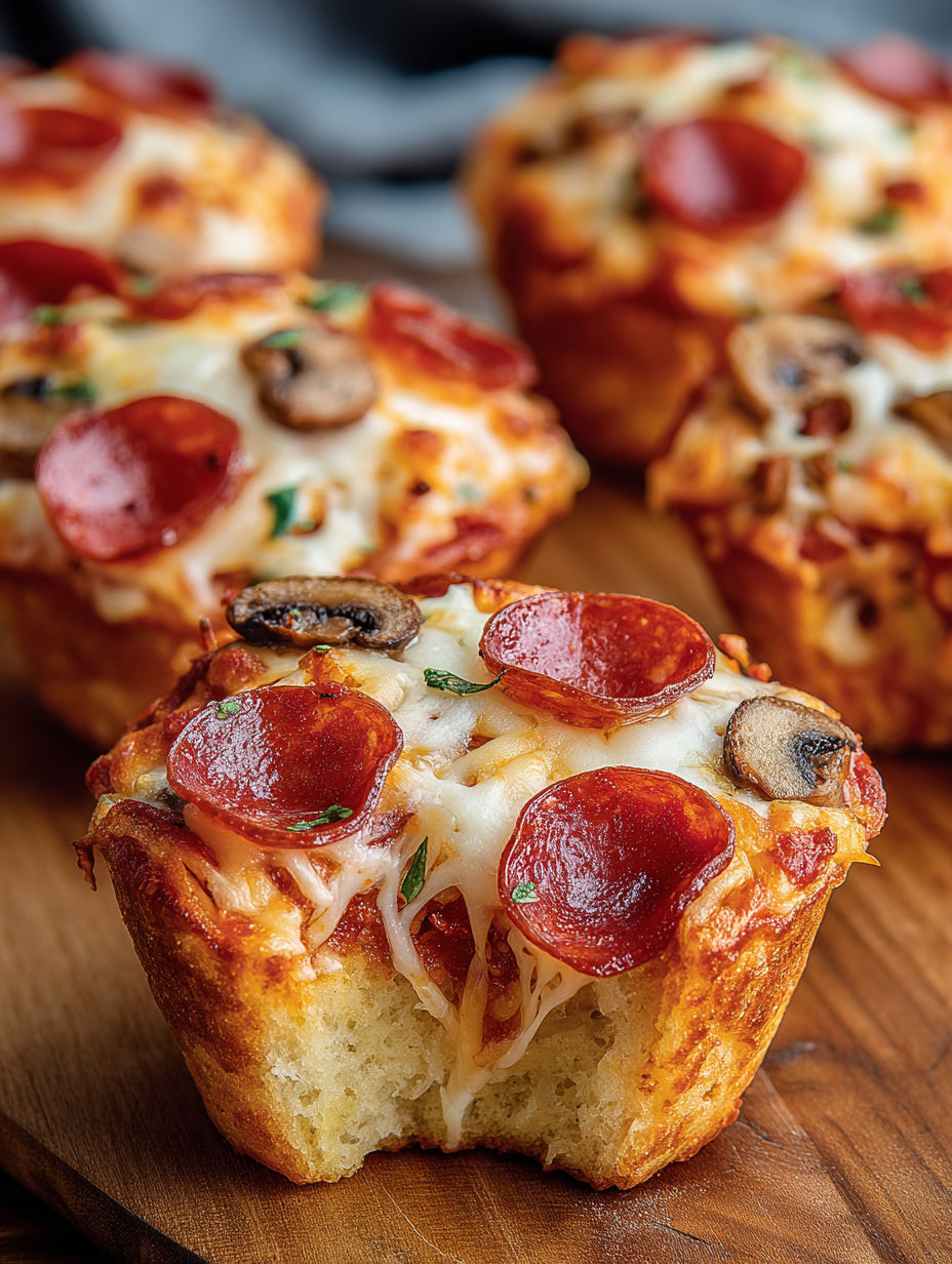 Deep dish pizza cupcakes with pepperoni and mushrooms.