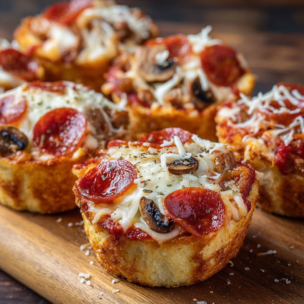 Deep dish pizza cupcakes on a wooden board.