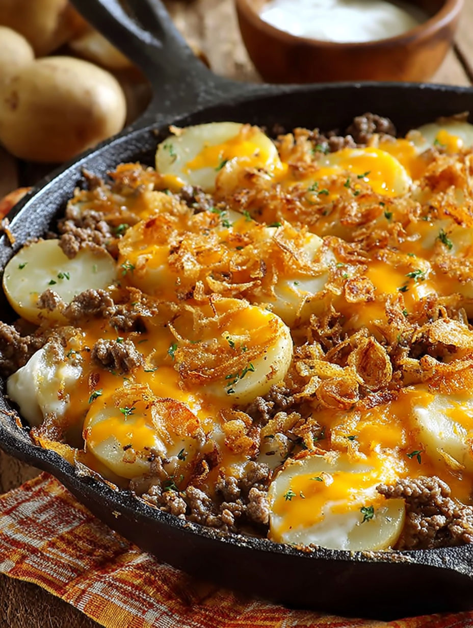 A rustic campfire beef and potato casserole.