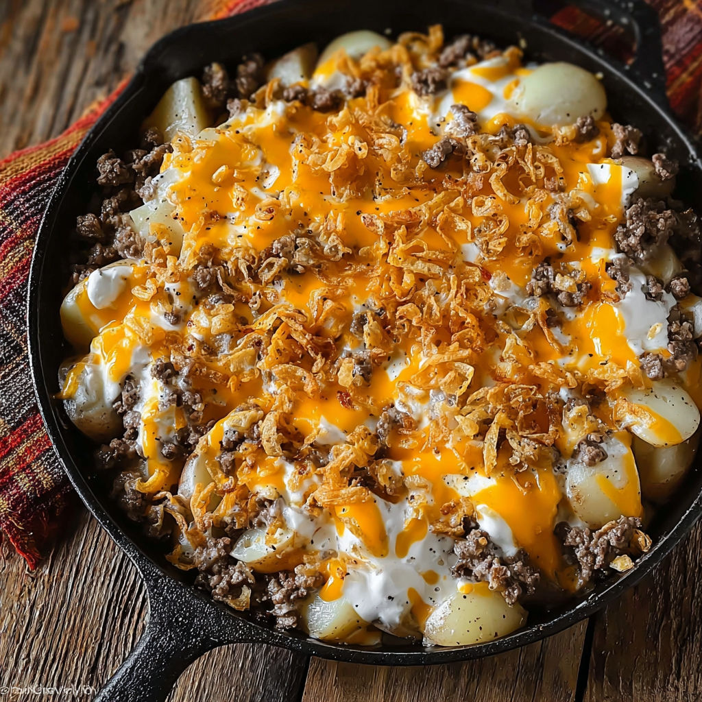A rustic campfire beef and potato casserole.
