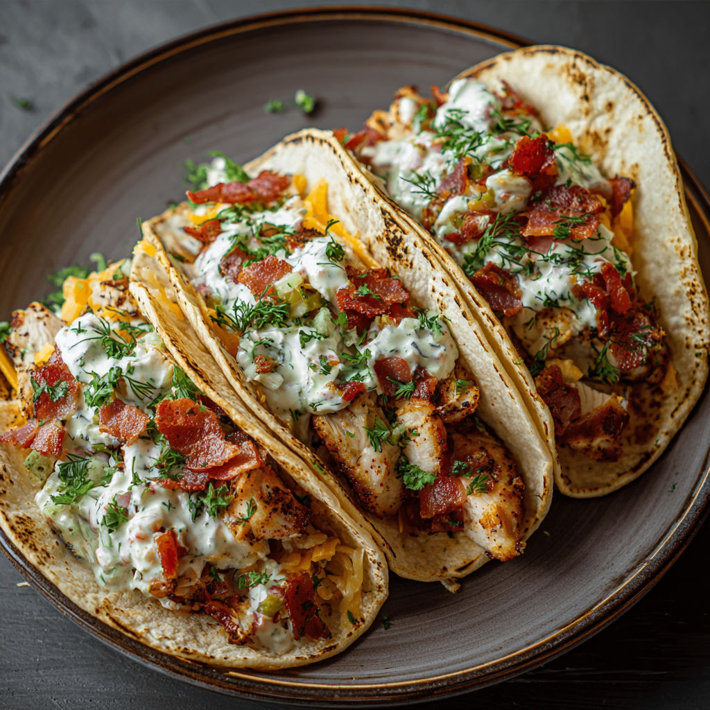 Two chicken bacon ranch tacos on a plate.