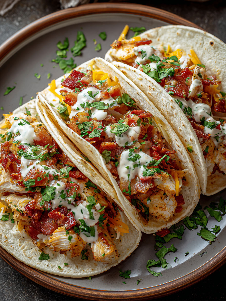 Two chicken bacon ranch tacos on a plate.