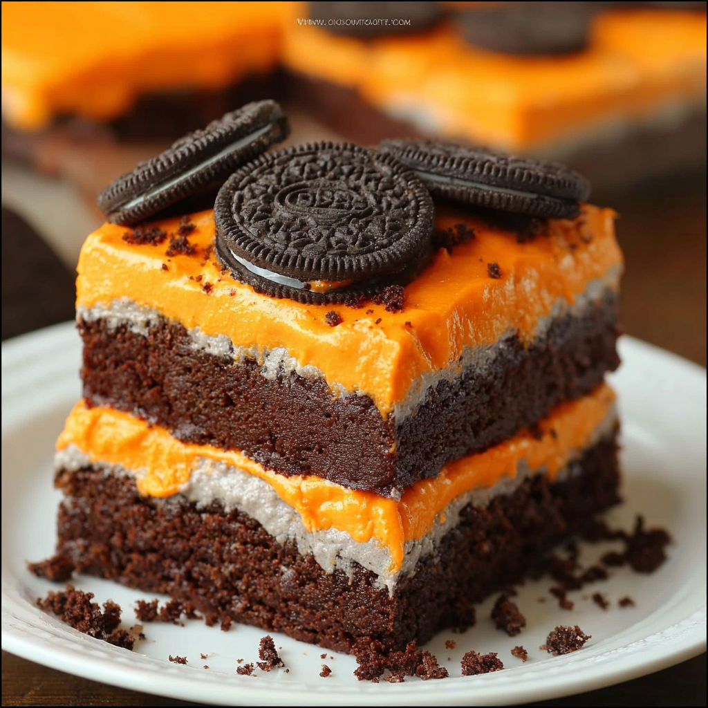 A slice of layered brownies with Oreo cookies on top.