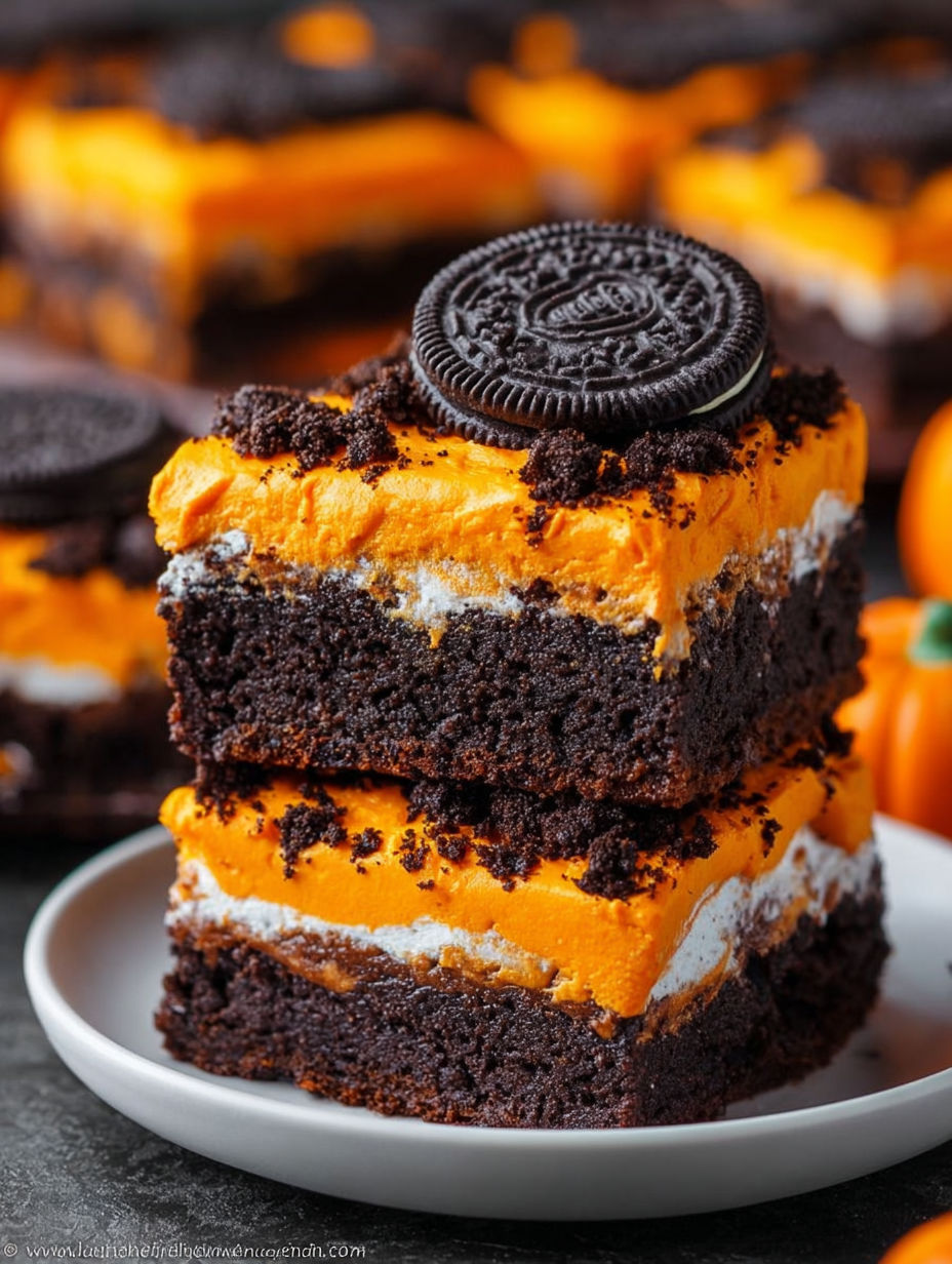 A stack of three brownies with Oreo cookies on top.
