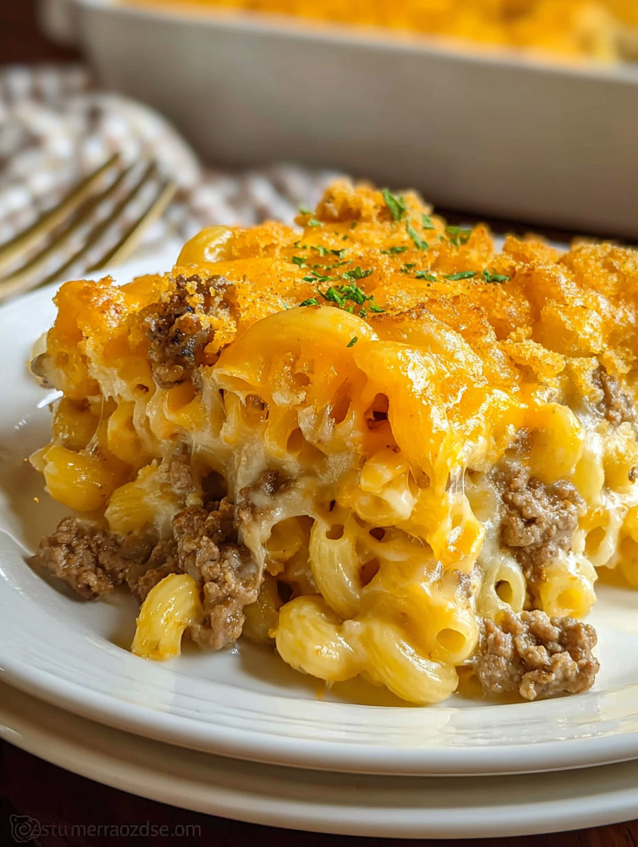 A plate of macaroni and cheese with meat on top.