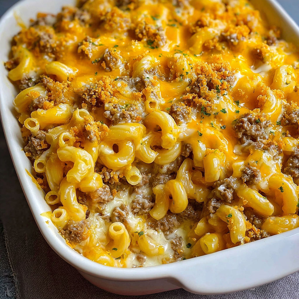 A white bowl filled with macaroni and hamburger casserole.