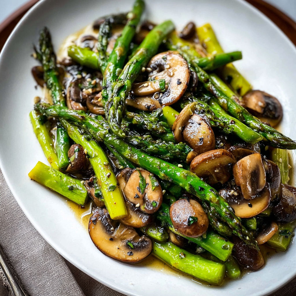 A plate of sauteed asparagus and mushrooms.