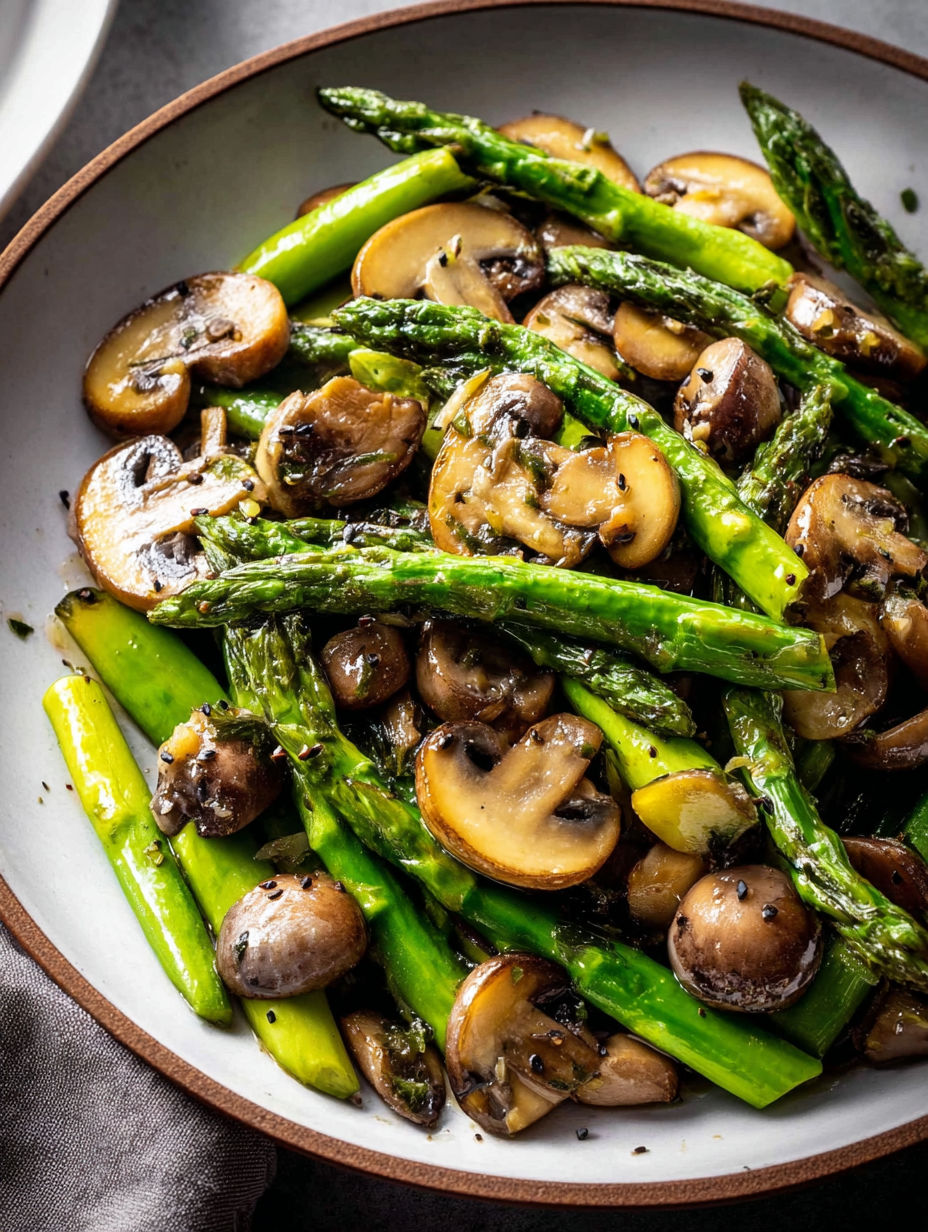 A plate of sauteed asparagus and mushrooms.
