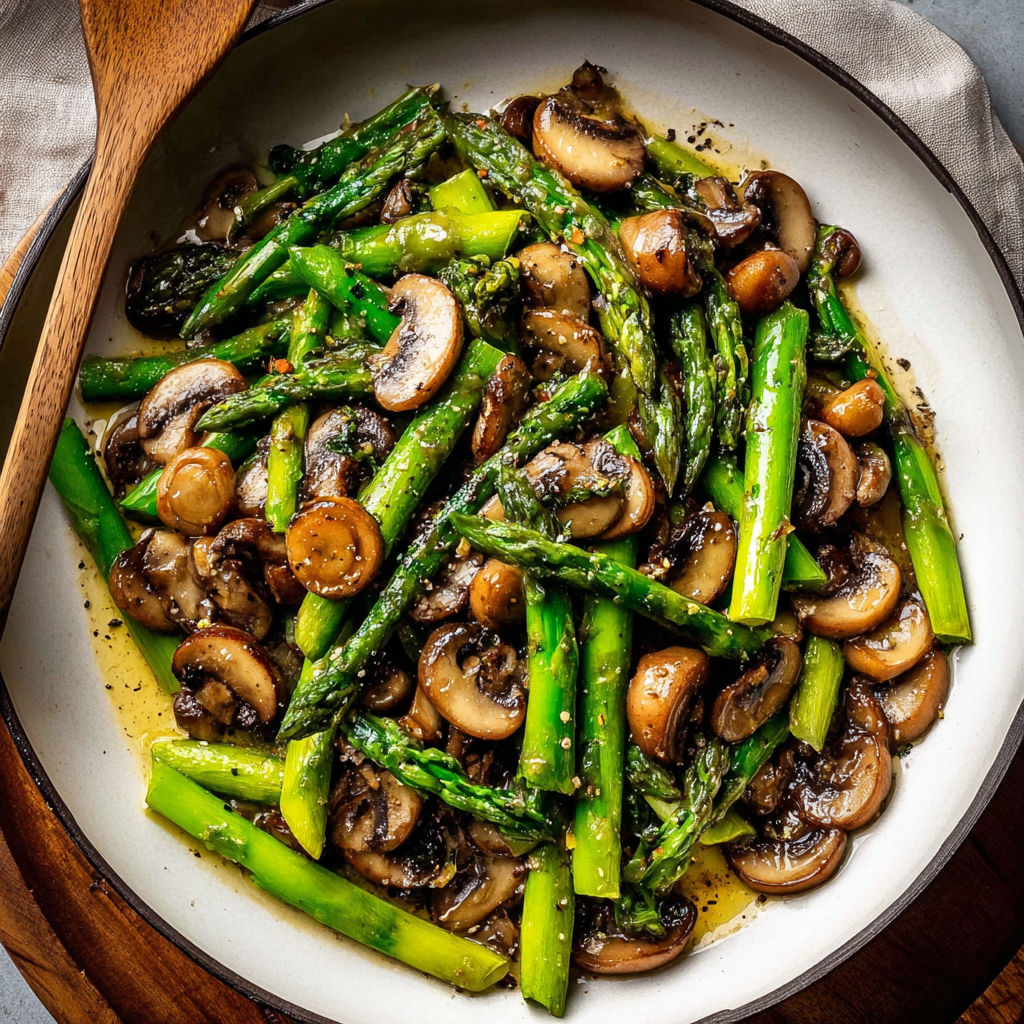 A plate of sauteed asparagus and mushrooms.