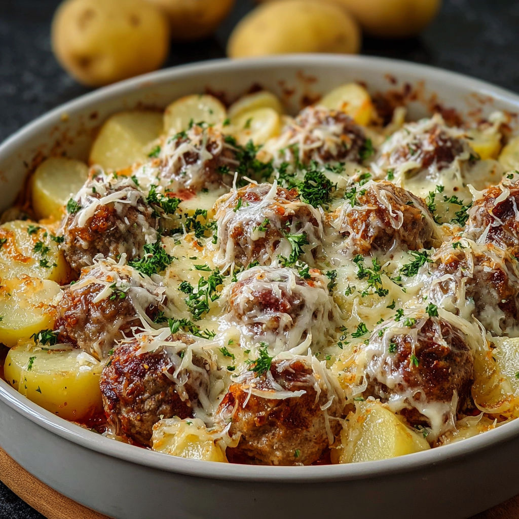 A dish of meatballs with potatoes and cheese.