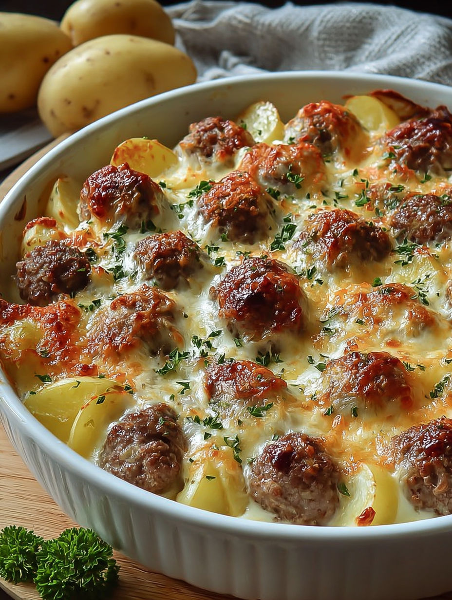 A dish of meatballs with potatoes and cheese.