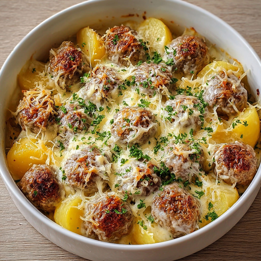 A bowl of meatballs with potatoes and cheese.