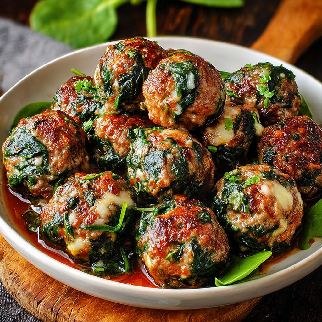A bowl of meatballs with spinach and garlic.