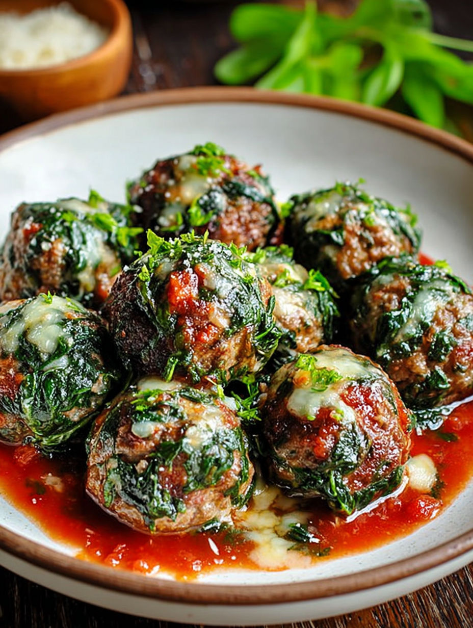 A plate of meatballs covered in cheese and spinach.