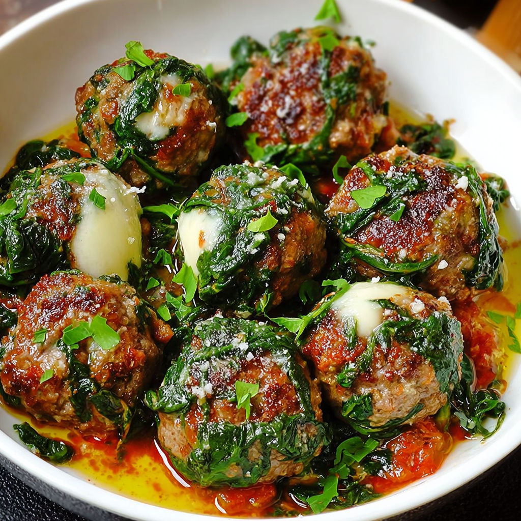 A bowl of meatballs with spinach and garlic.