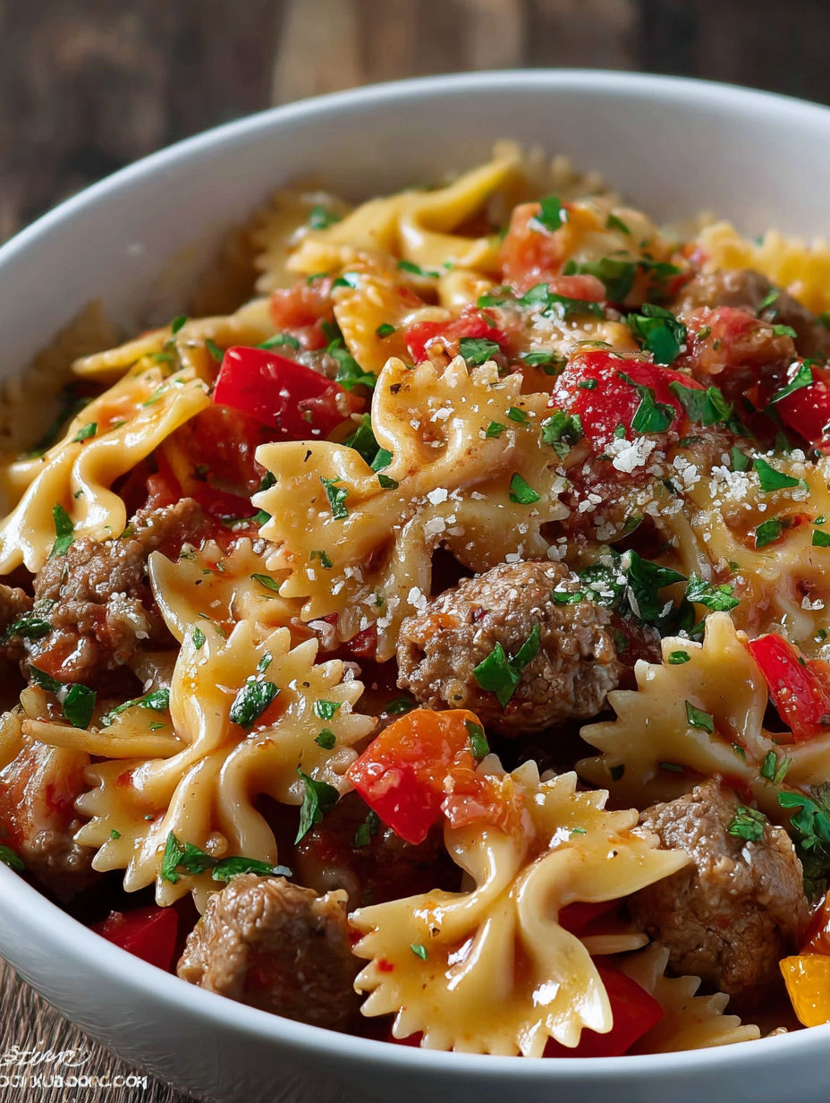 A bowl of pasta with Italian sausage.