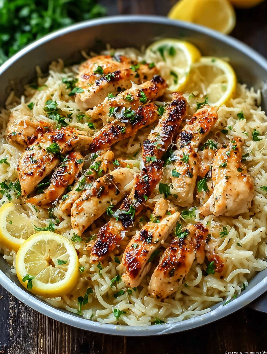 A plate of chicken scampi with lemon wedges on top.