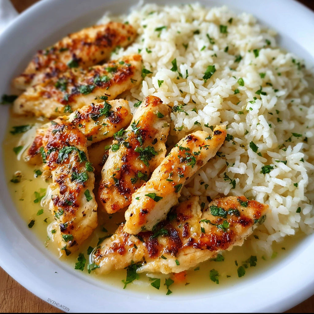 A plate of chicken scampi with rice.