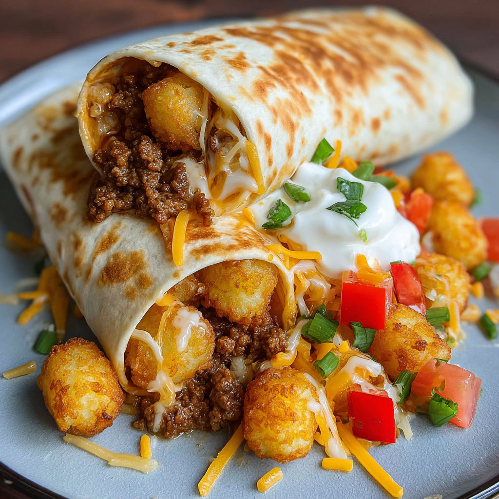 A cheesy potato burrito is served with a side of tater tots.