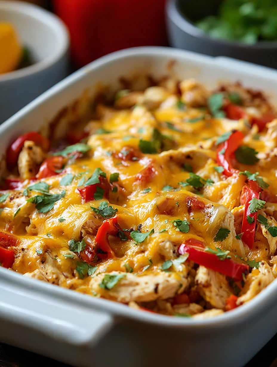 A dish of chicken fajita casserole.