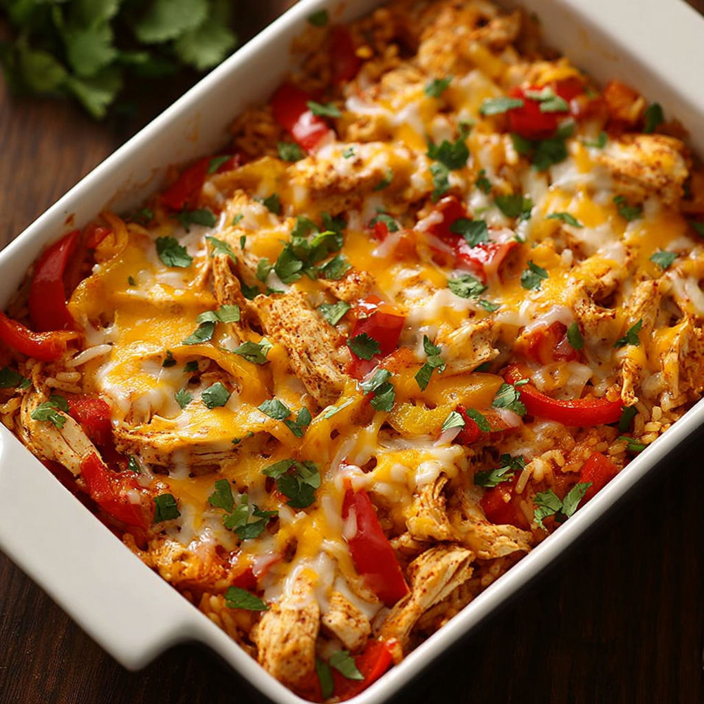 A white dish with a fajita chicken casserole.