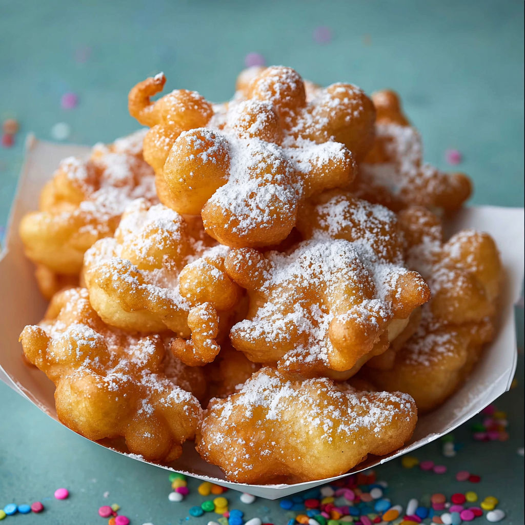A pile of funnel cake bites covered in powdered sugar.