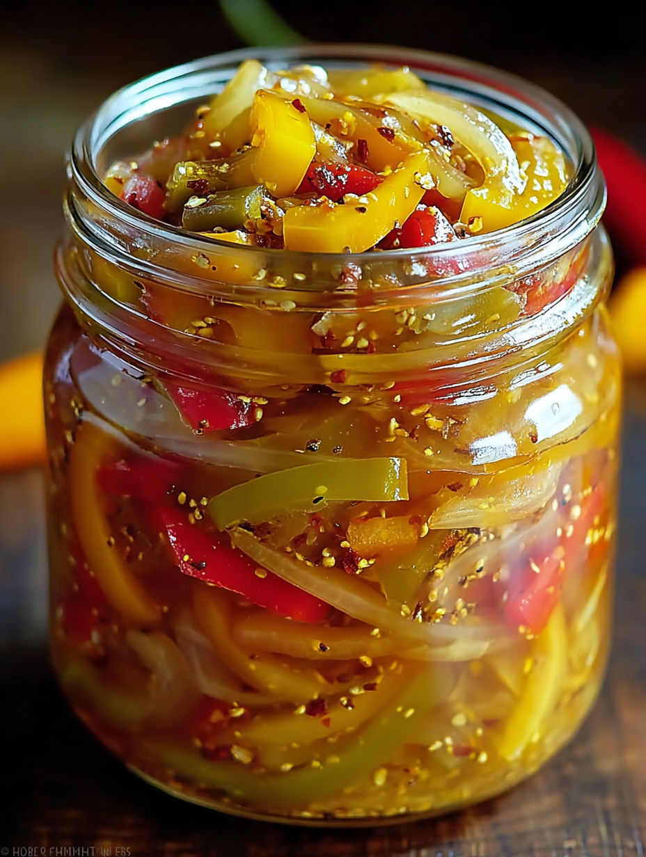 A jar of pickled peppers and onions.