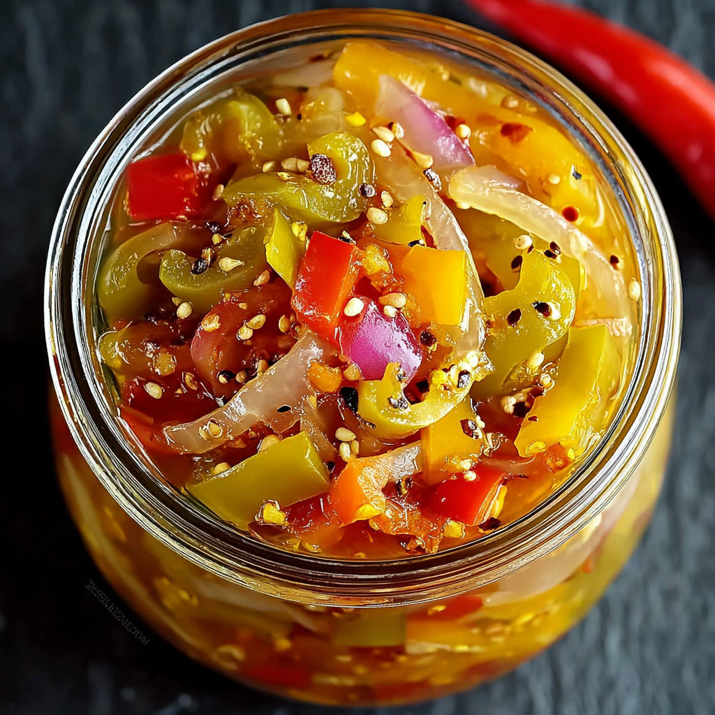 A jar of pickled pepper and onion relish.