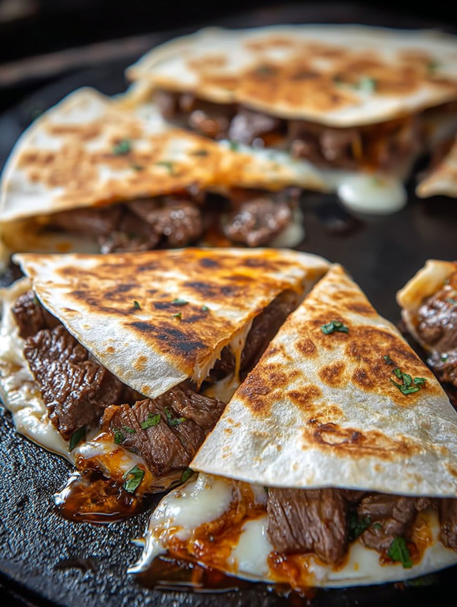 A close up of a quesadilla with meat and cheese.
