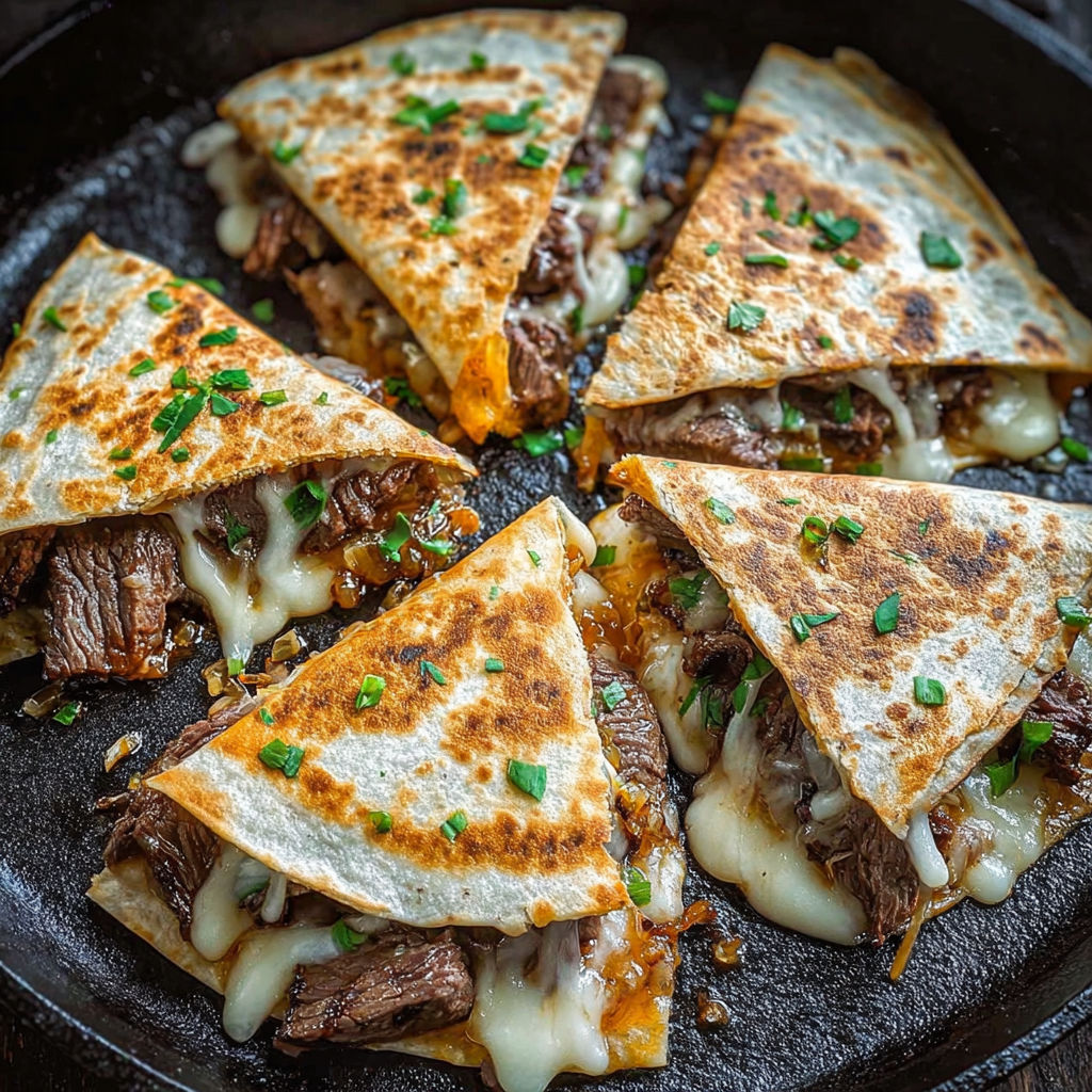 A plate of quesadillas with meat and cheese.