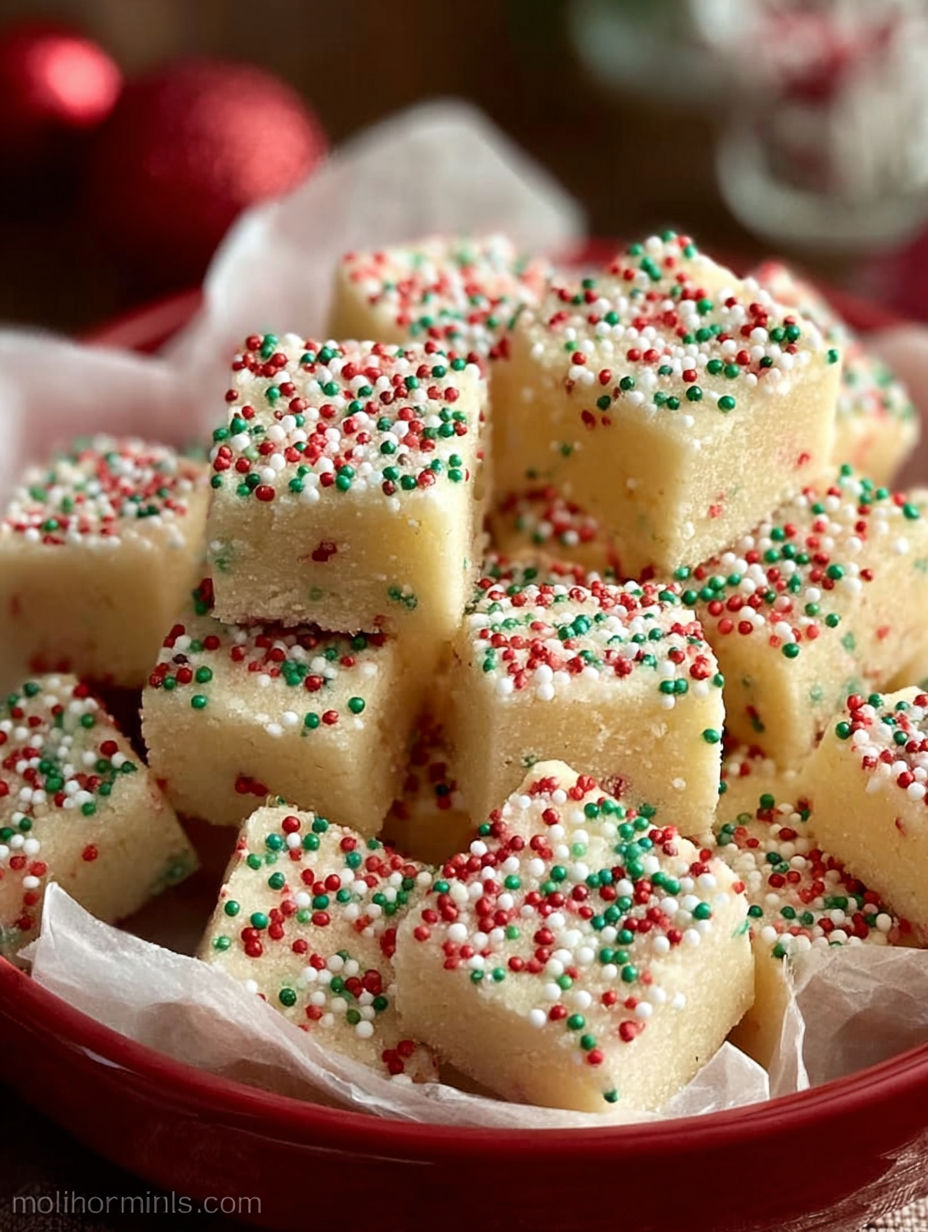 A bowl of Christmas candy with red and green sprinkles.