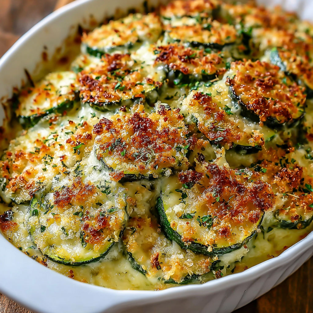 A baked dish with zucchini and cheese.