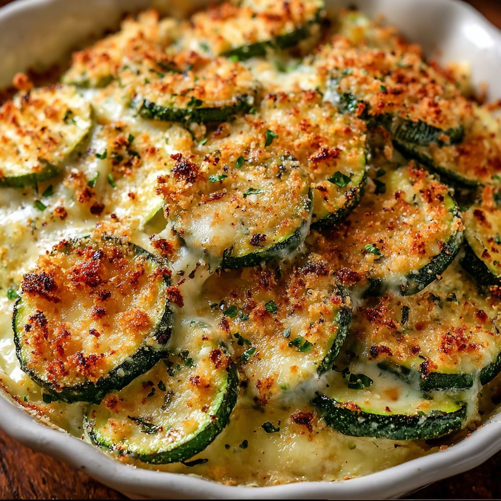 A baked dish with zucchini and cheese.