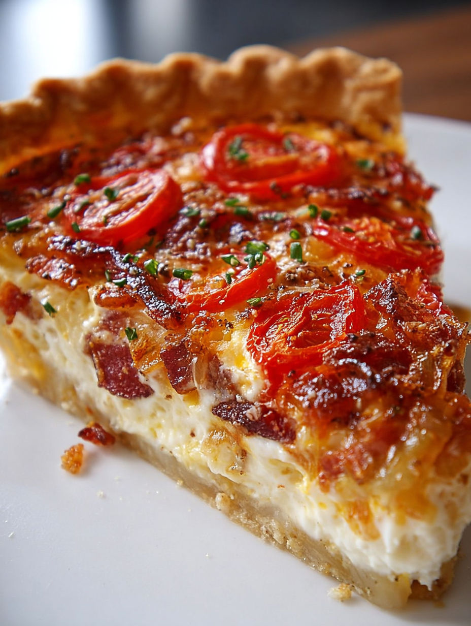 A slice of bacon onion tomato pie.