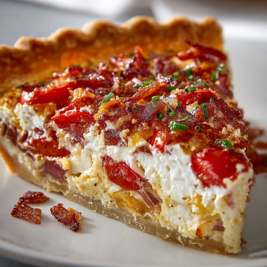 A slice of bacon onion tomato pie.