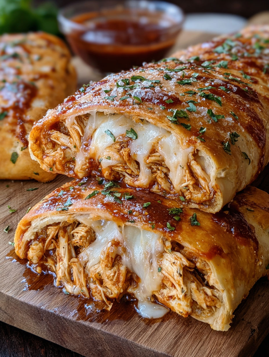 A BBQ chicken cheese stromboli on a wooden table.