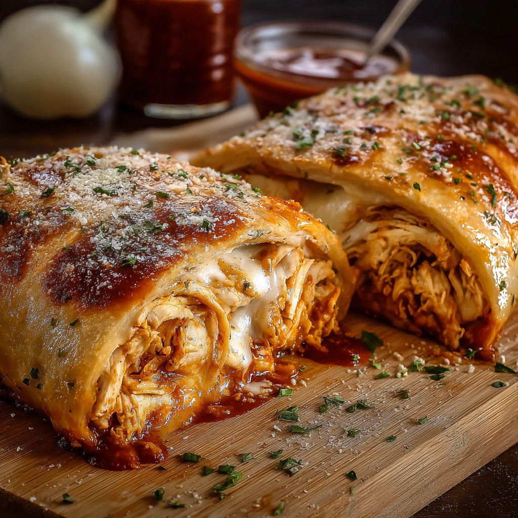 A BBQ chicken cheese stromboli on a wooden cutting board.