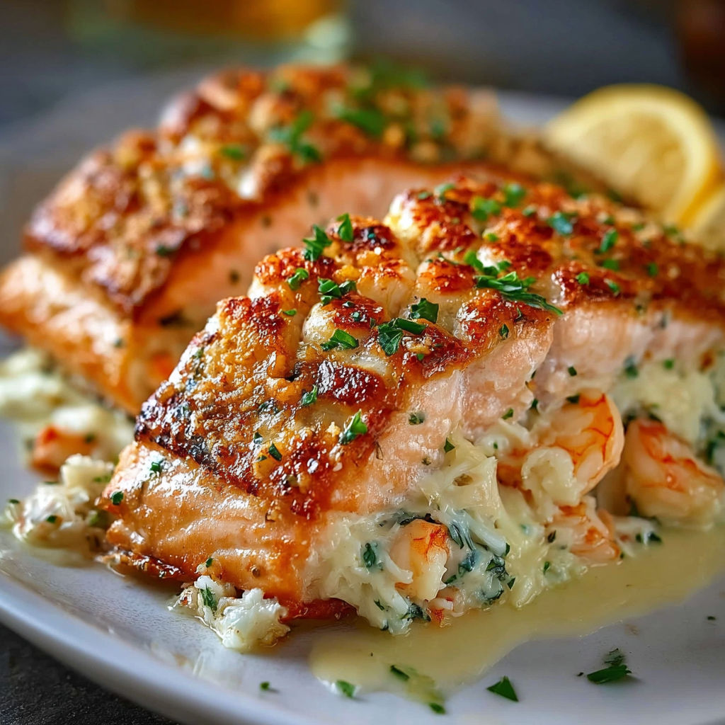 A plate of cooked salmon with crab and shrimp stuffing.