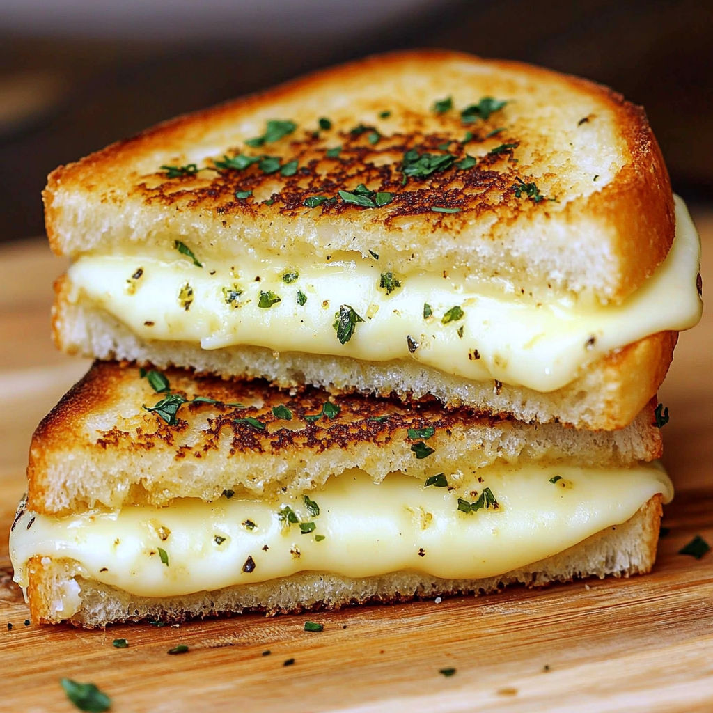 A grilled cheese sandwich with garlic on a wooden table.